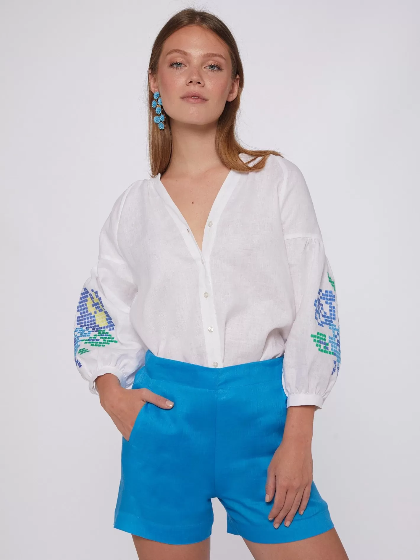 Pantalones | Vilagallo Bermuda Lino Azul