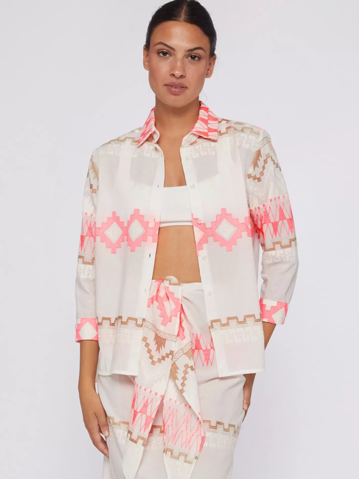 Camisas | Vilagallo Camisa Voile Jacquard Rosa Y Camel