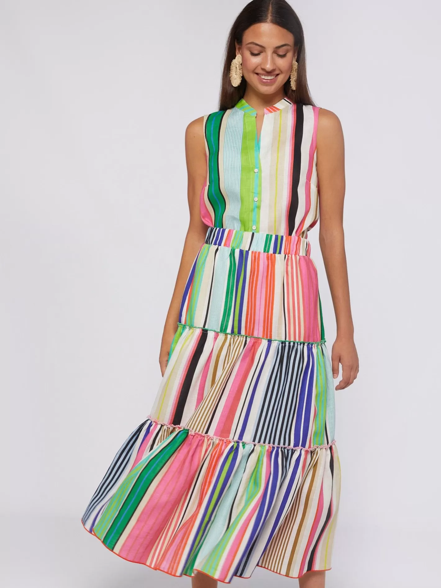 Faldas Y Pareos | Vilagallo Falda Volantes Rayas 100% Lino