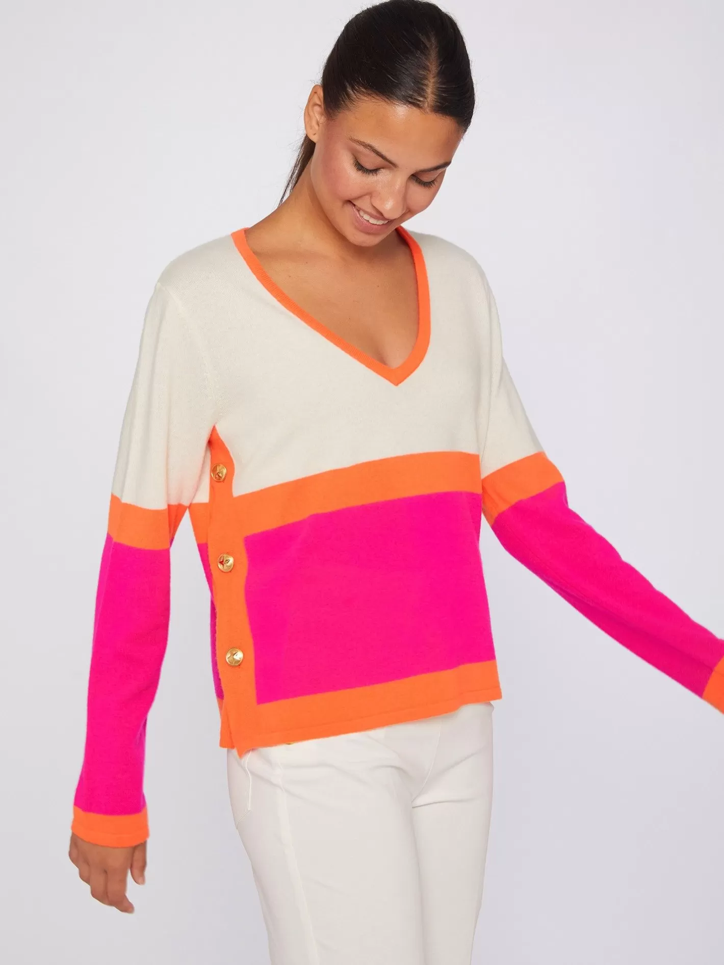 Punto | Vilagallo Jersey 100% Lana Merino Colour Block Rosa Naranja