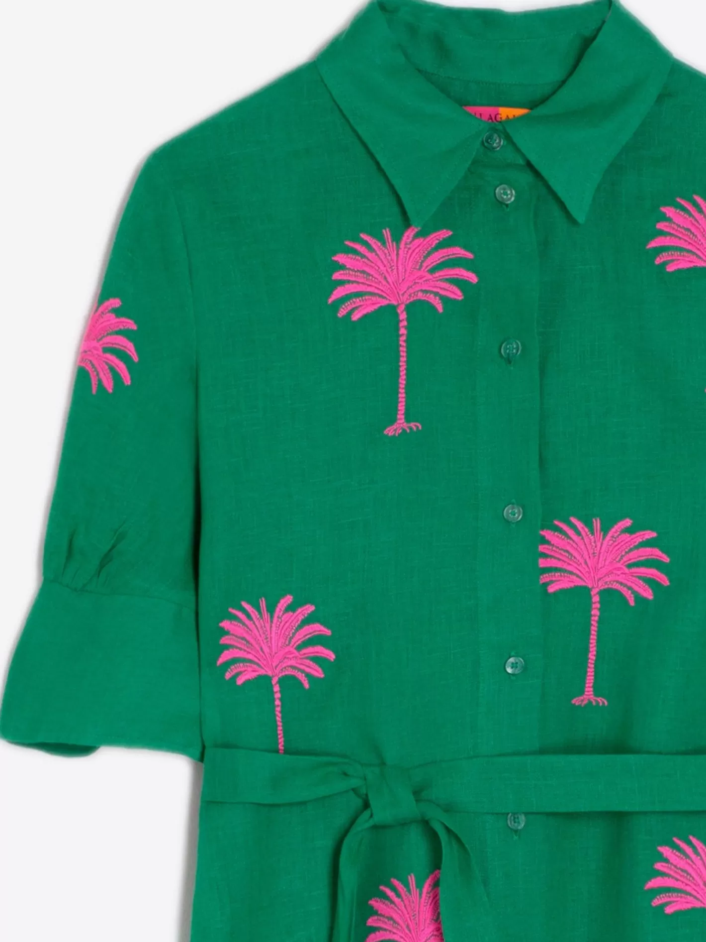 Vestidos | Vilagallo Vestido Camisero Lino Verde Bordado Palmera