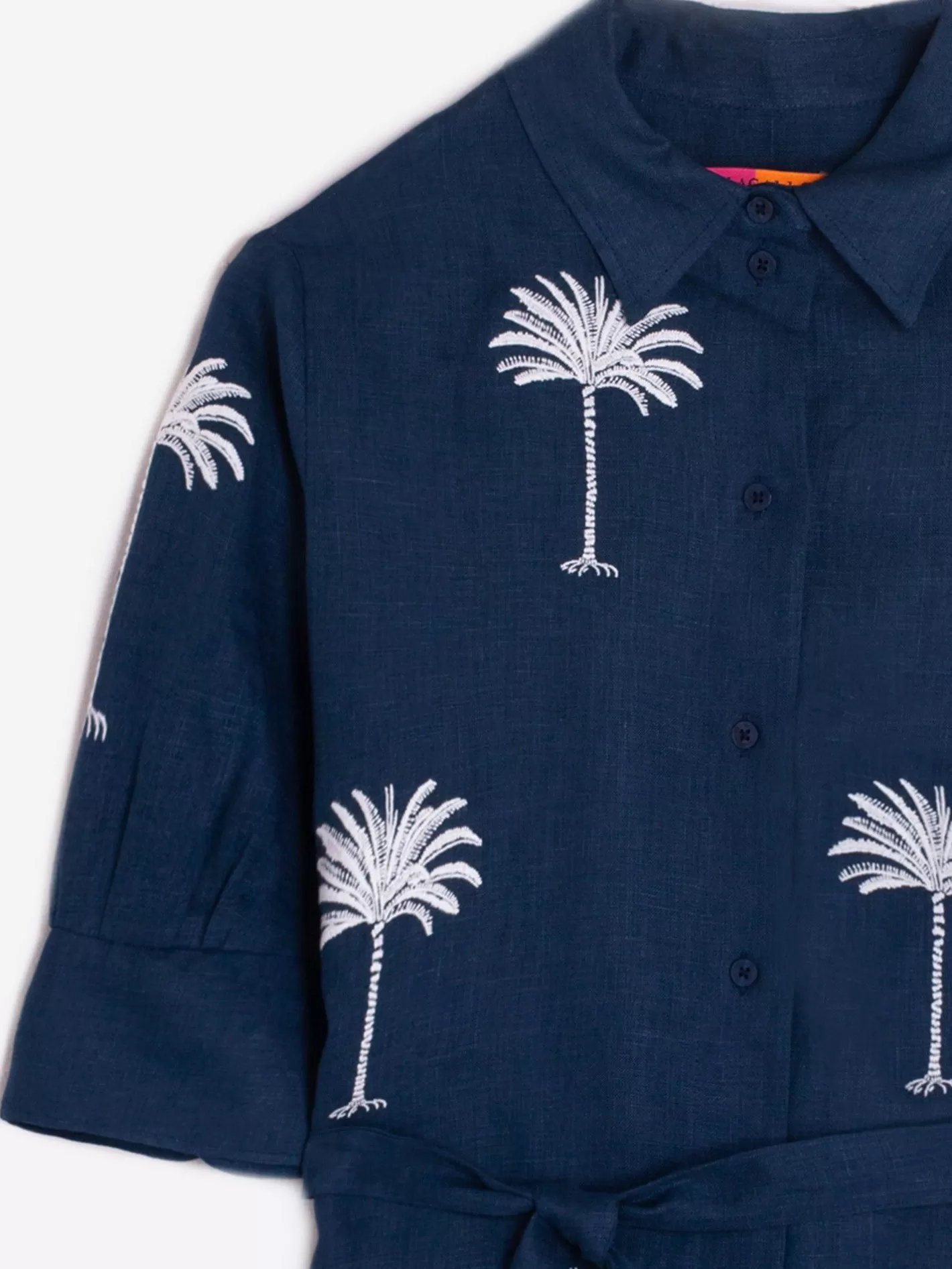 Vestidos | Vilagallo Vestido Lino Marino Bordado Palmeras