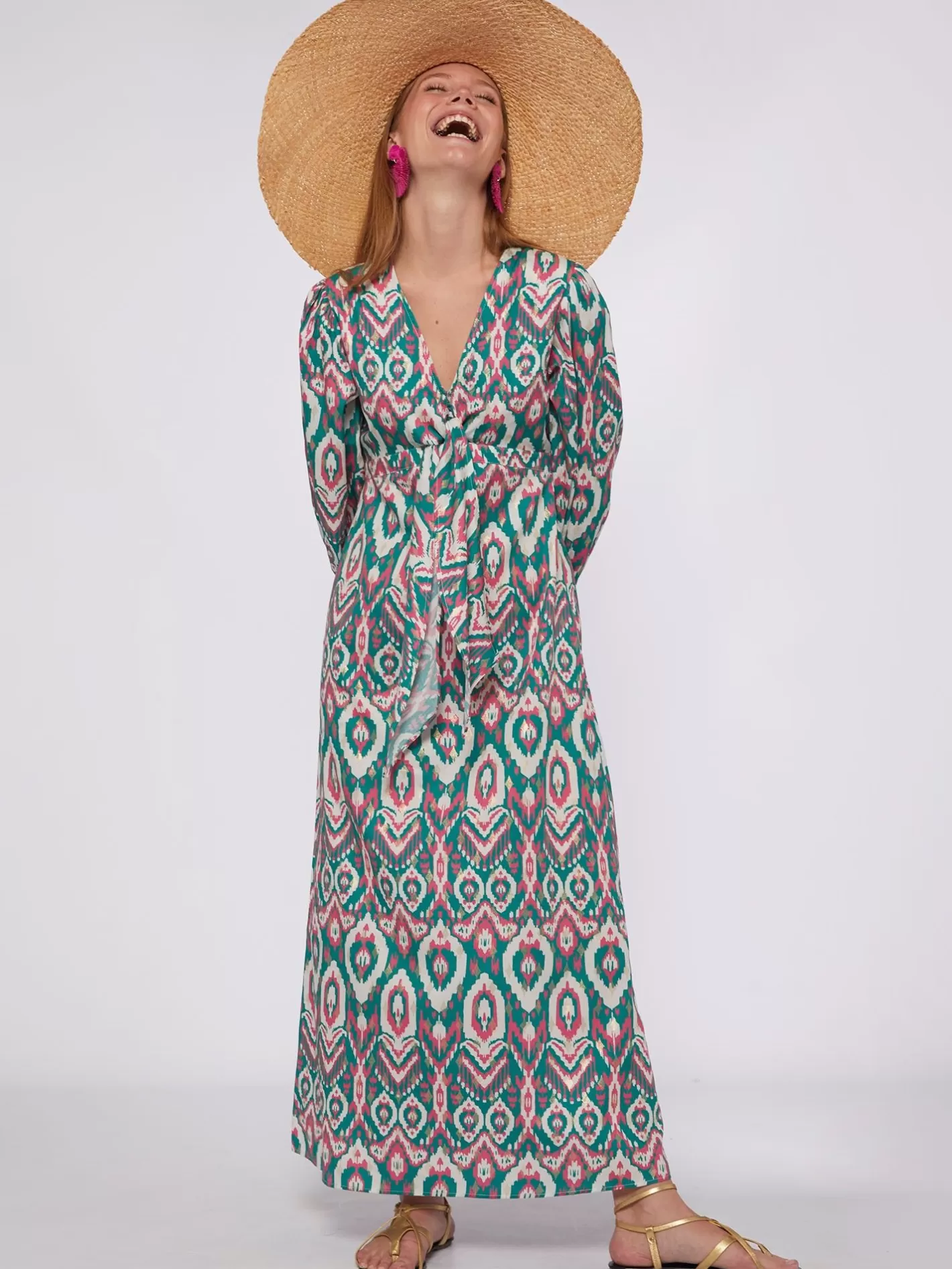 Vestidos | Vilagallo Vestido Lorenna Ikat Green Pink Gold