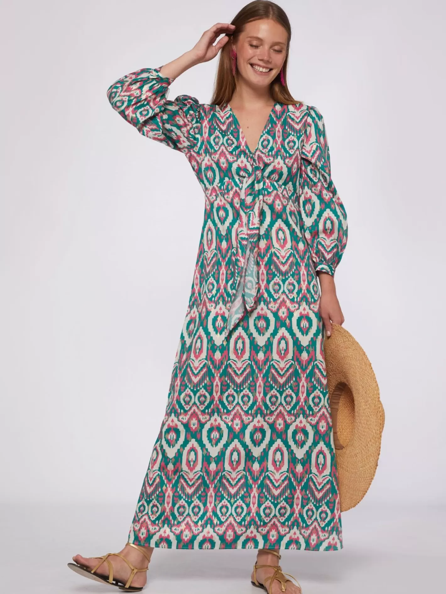 Vestidos | Vilagallo Vestido Lorenna Ikat Green Pink Gold