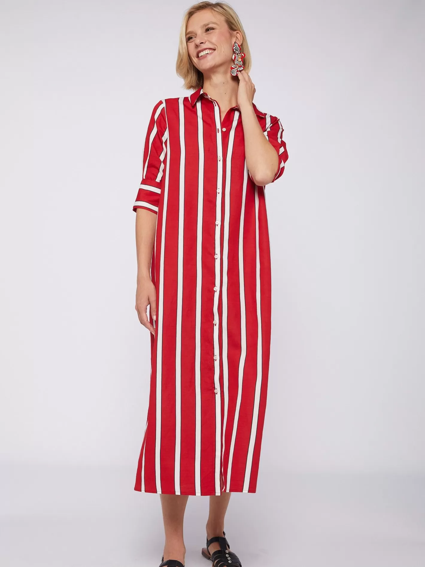 Vestidos | Vilagallo Vestido Midi Camisero Rayas Rojo