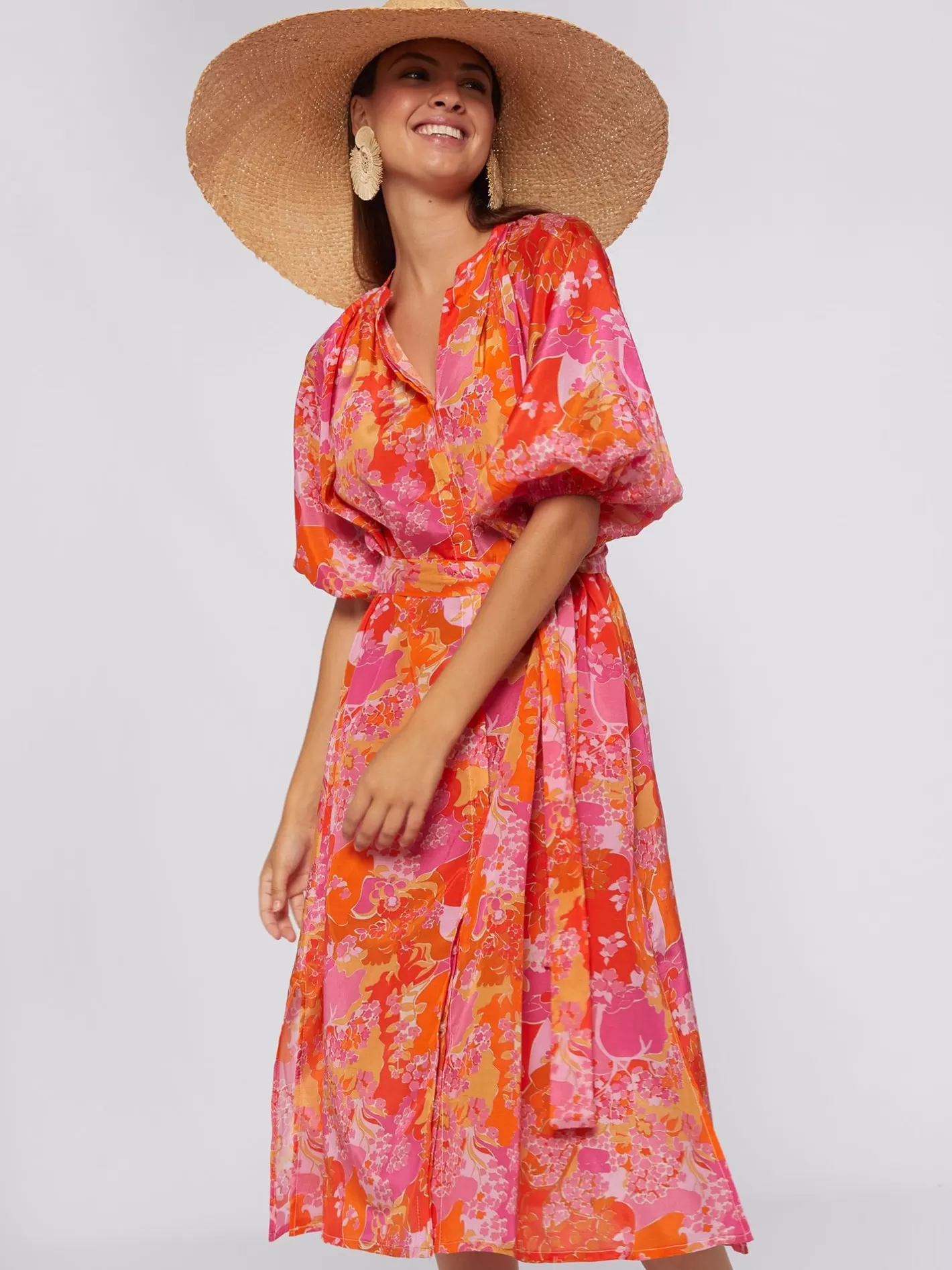 Vestidos | Vilagallo Vestido Midi Manga Abullonada Estampado Pink Blossom